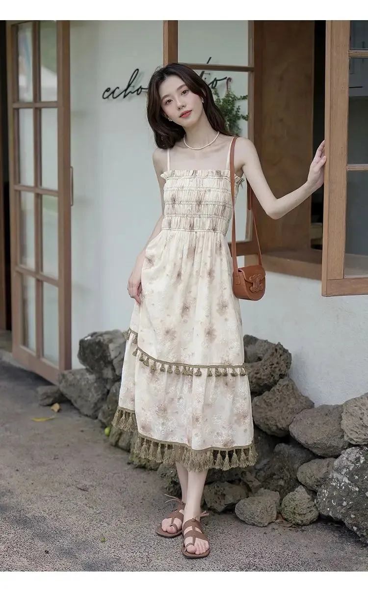 Aiertu 2024 Autumn Vintage Elegant Slip Dress Women Casual Fashion Korean Style Floral Dress Female Beach Evening Party Vacation Dress