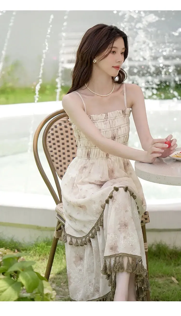 Aiertu 2024 Autumn Vintage Elegant Slip Dress Women Casual Fashion Korean Style Floral Dress Female Beach Evening Party Vacation Dress