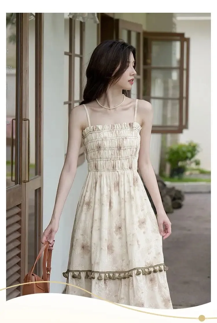 Aiertu 2024 Autumn Vintage Elegant Slip Dress Women Casual Fashion Korean Style Floral Dress Female Beach Evening Party Vacation Dress