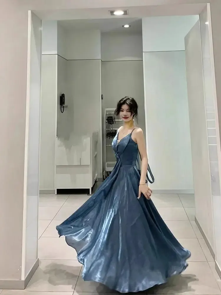 Aiertu Blue Elegant Sexy Slip Dress Women Sleeveless Korean V-neck Long Dresses Fashion Casual One Piece Dress Ladies Summer 2024 Chic