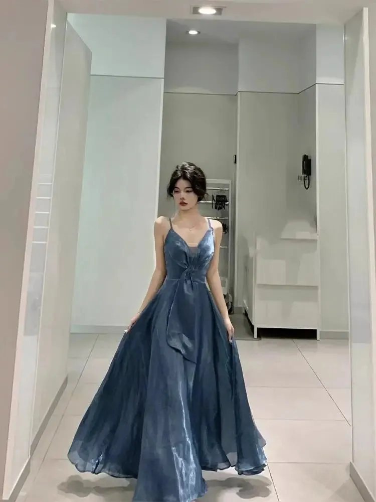Aiertu Blue Elegant Sexy Slip Dress Women Sleeveless Korean V-neck Long Dresses Fashion Casual One Piece Dress Ladies Summer 2024 Chic