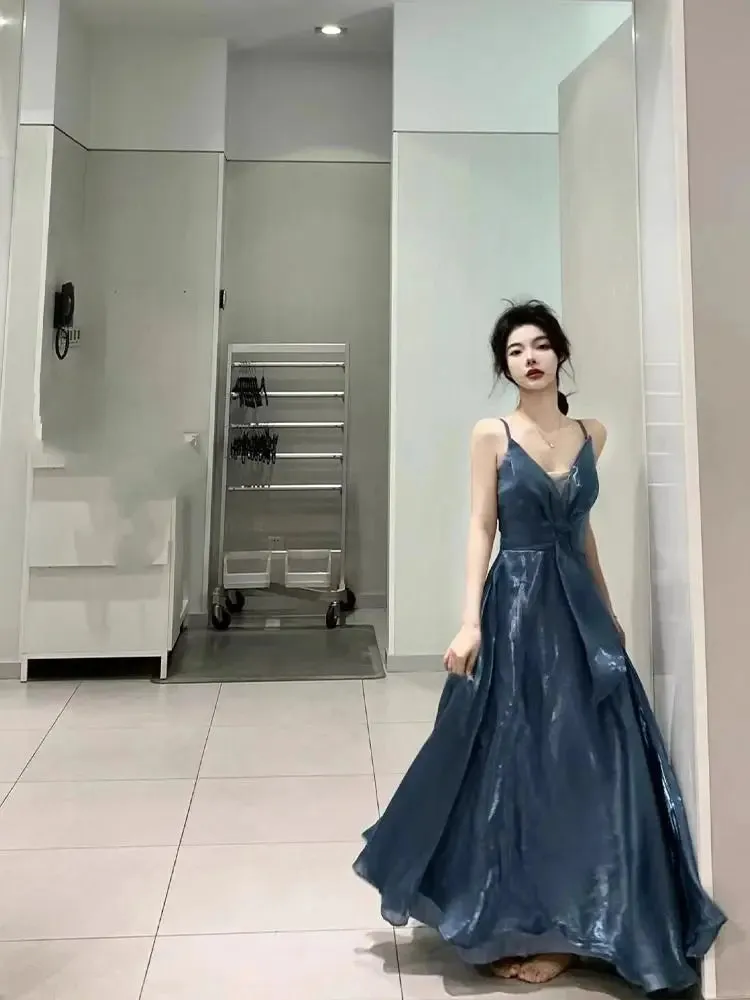 Aiertu Blue Elegant Sexy Slip Dress Women Sleeveless Korean V-neck Long Dresses Fashion Casual One Piece Dress Ladies Summer 2024 Chic