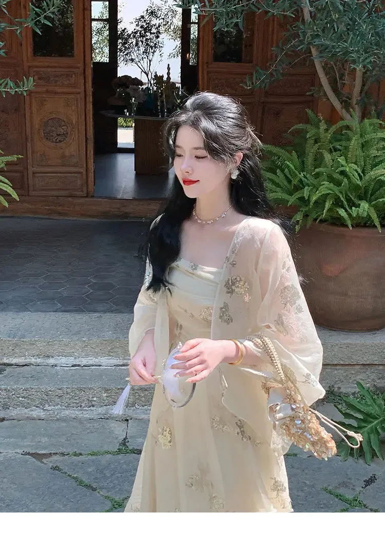Aiertu Elegant Vintage Floral Slip Dress Women Sequin Embroidery Casual Long Fairy Dress Female 2024 Autumn Fashion Korean Style Dress