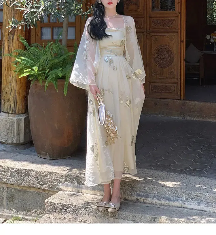 Aiertu Elegant Vintage Floral Slip Dress Women Sequin Embroidery Casual Long Fairy Dress Female 2024 Autumn Fashion Korean Style Dress