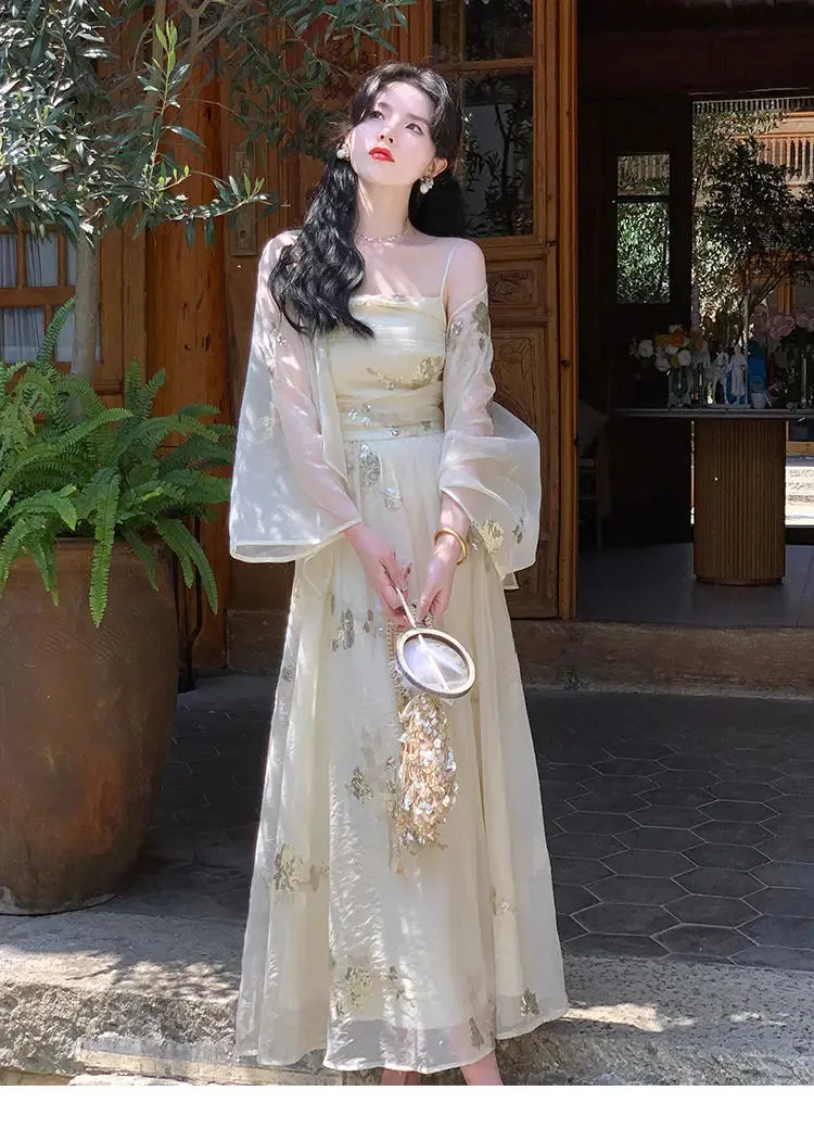 Aiertu Elegant Vintage Floral Slip Dress Women Sequin Embroidery Casual Long Fairy Dress Female 2024 Autumn Fashion Korean Style Dress