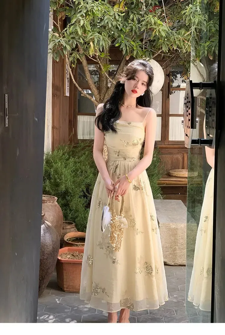 Aiertu Elegant Vintage Floral Slip Dress Women Sequin Embroidery Casual Long Fairy Dress Female 2024 Autumn Fashion Korean Style Dress