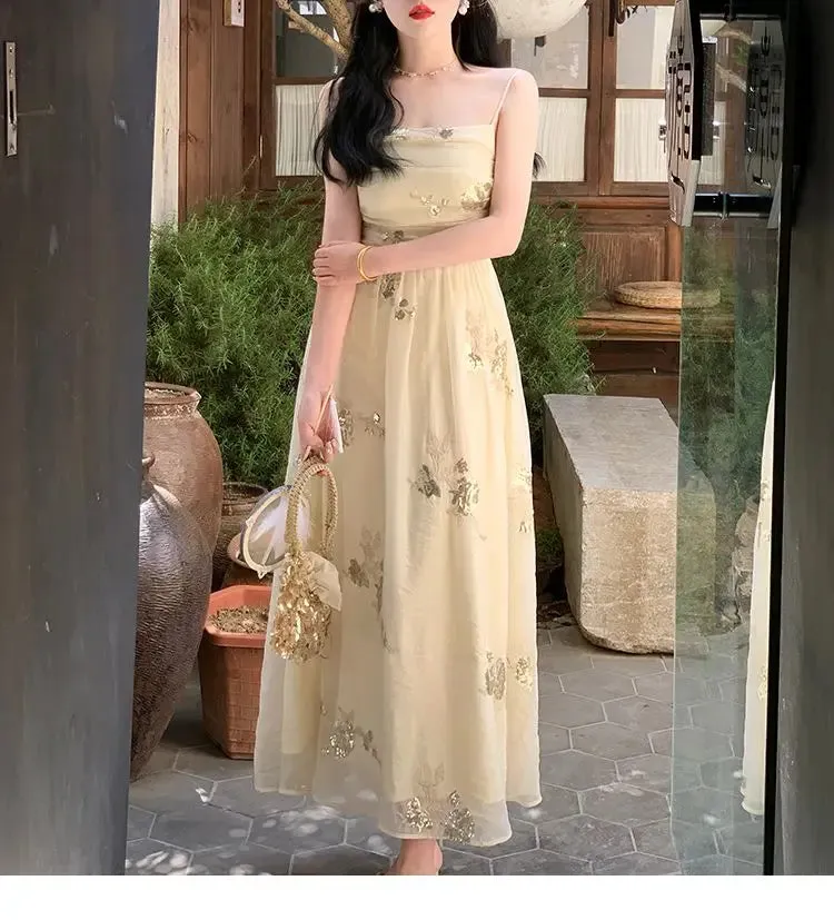 Aiertu Elegant Vintage Floral Slip Dress Women Sequin Embroidery Casual Long Fairy Dress Female 2024 Autumn Fashion Korean Style Dress