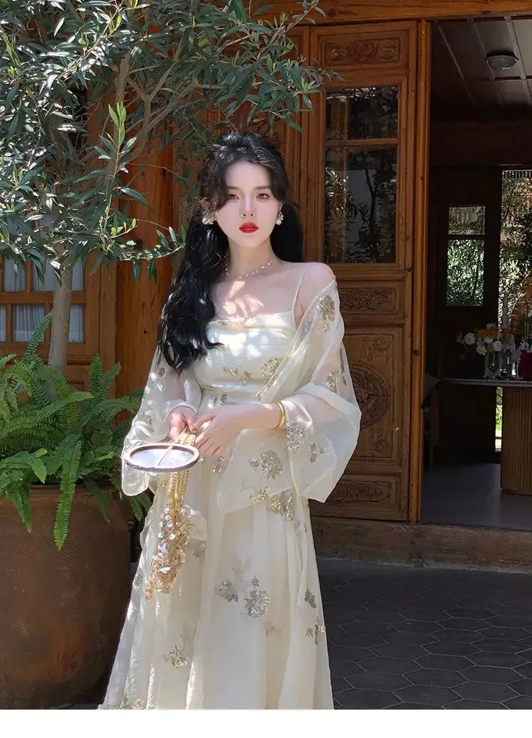 Aiertu Elegant Vintage Floral Slip Dress Women Sequin Embroidery Casual Long Fairy Dress Female 2024 Autumn Fashion Korean Style Dress