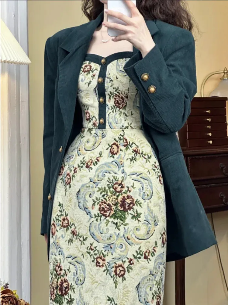 Aiertu Elegant Vintage Long Slip Dress Women Button Designer Sleeveless Slim Floral Dress Female 2024 Summer Casual Sexy Party Dresses