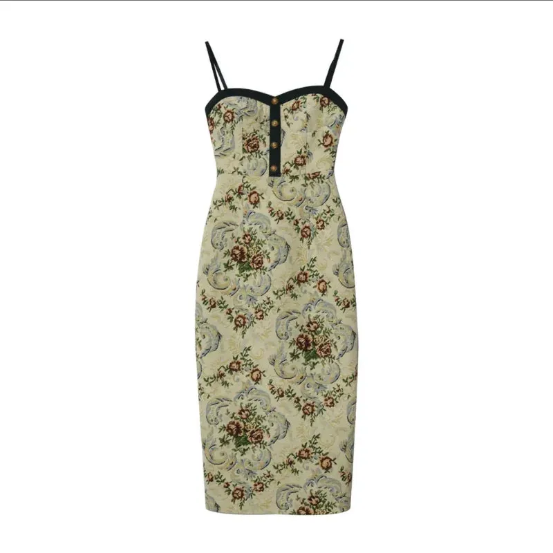 Aiertu Elegant Vintage Long Slip Dress Women Button Designer Sleeveless Slim Floral Dress Female 2024 Summer Casual Sexy Party Dresses