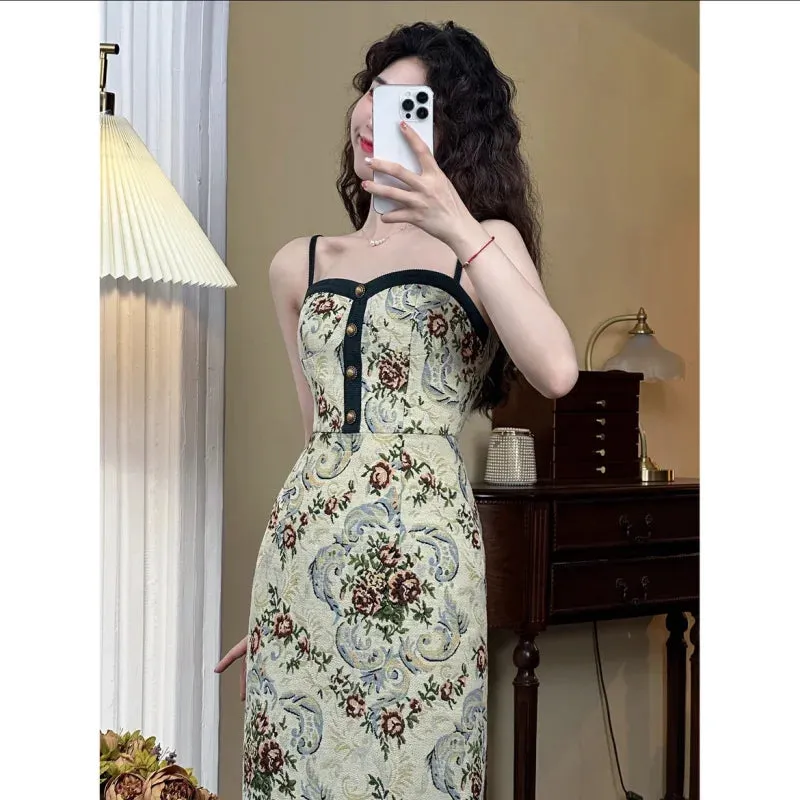Aiertu Elegant Vintage Long Slip Dress Women Button Designer Sleeveless Slim Floral Dress Female 2024 Summer Casual Sexy Party Dresses