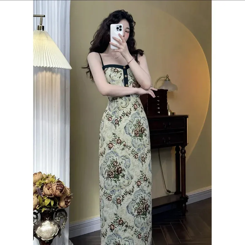 Aiertu Elegant Vintage Long Slip Dress Women Button Designer Sleeveless Slim Floral Dress Female 2024 Summer Casual Sexy Party Dresses