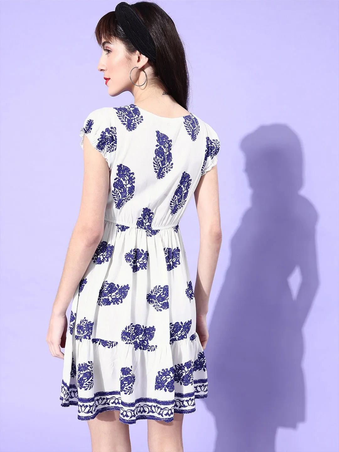Berrylush Women White & Blue Ethnic Motif A-Line V-Neck Ruffle Mini Dress