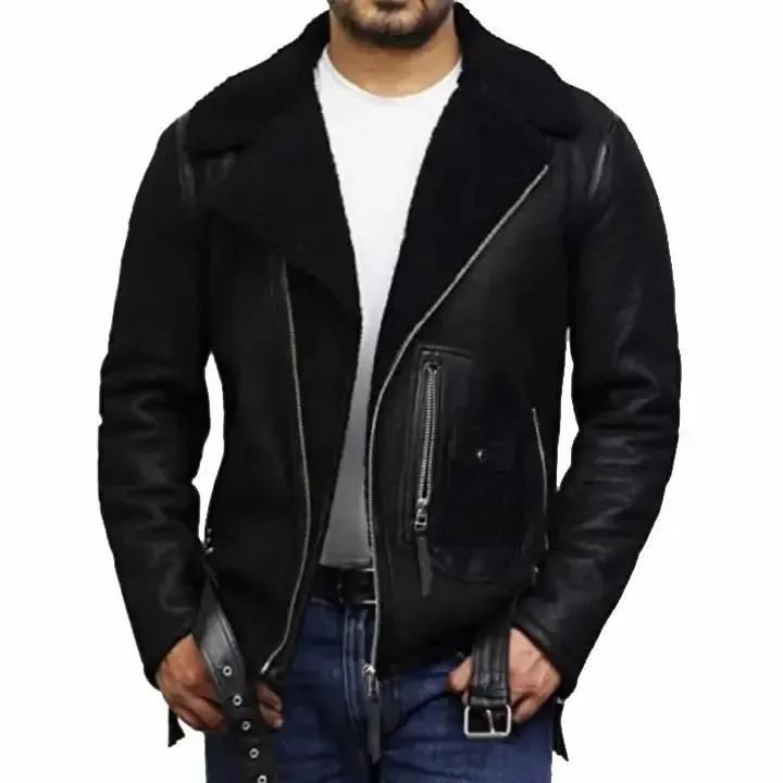 Black Sheepskin Shearling Aviator Jacket for Men