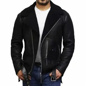 Black Sheepskin Shearling Aviator Jacket for Men