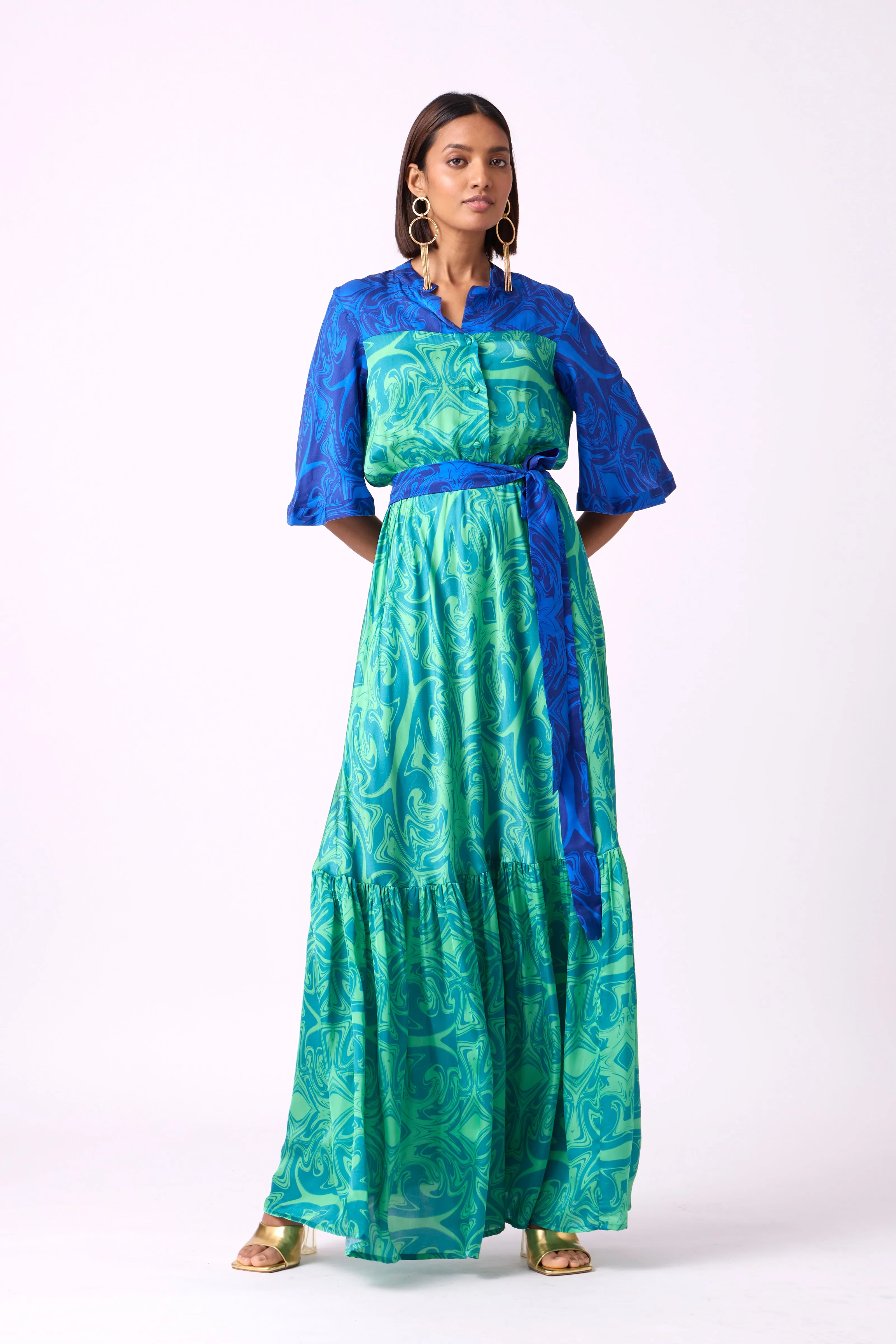 Calli Satin Dress - Blue & Green Art Deco Print