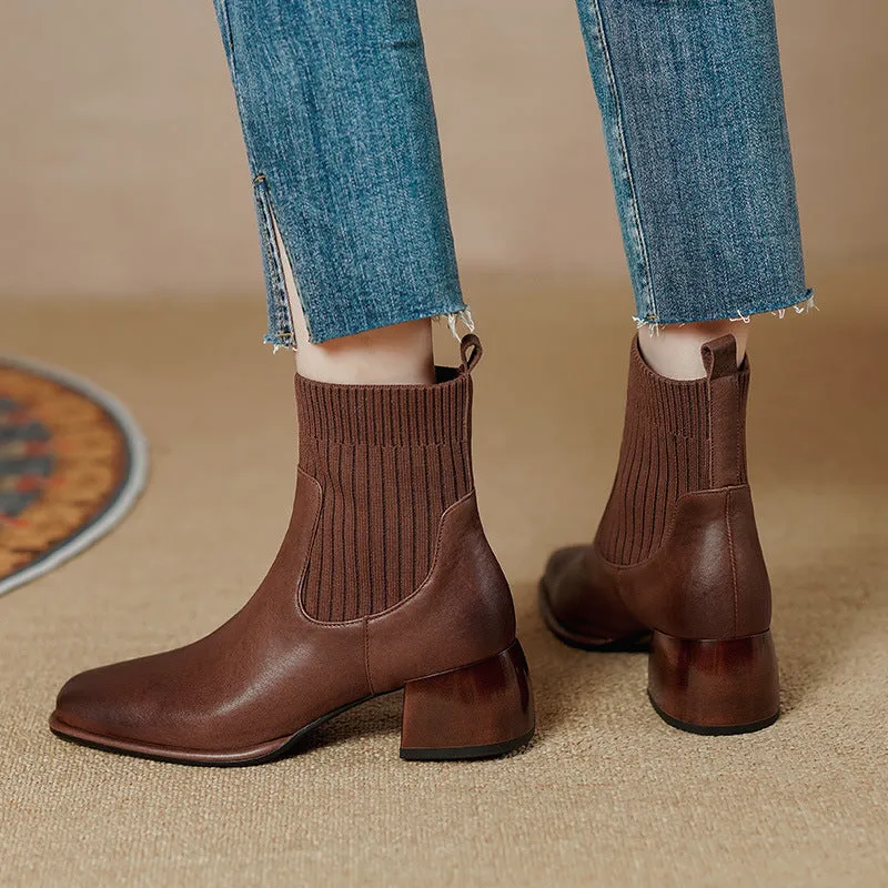 Classic Elegant Chelsea Boots Leather Stretch Boots Mid Heel Square Toe Sock Boots Brown/Black