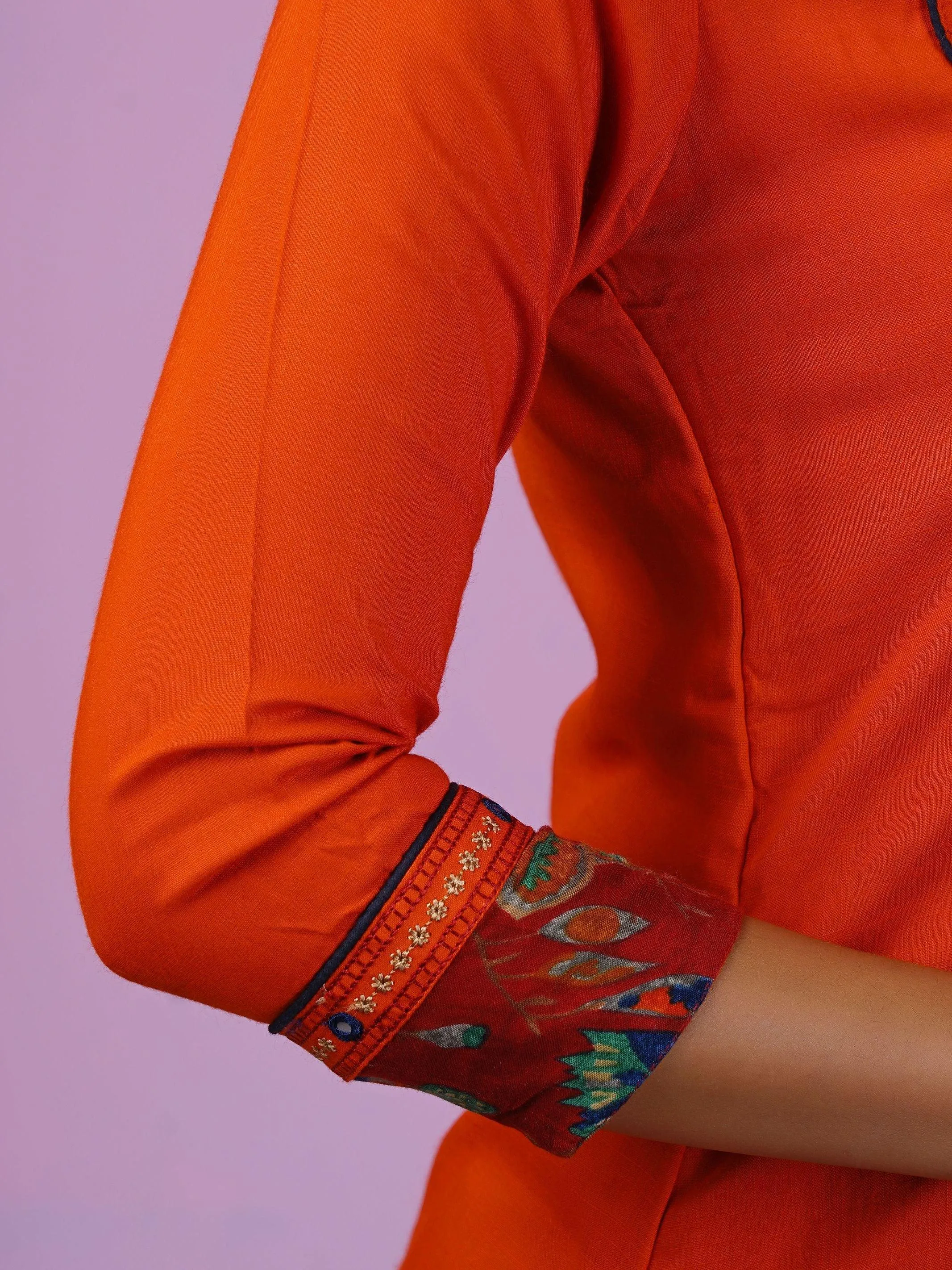 Embroidered & Printed Flared Slit Kurta - Rust