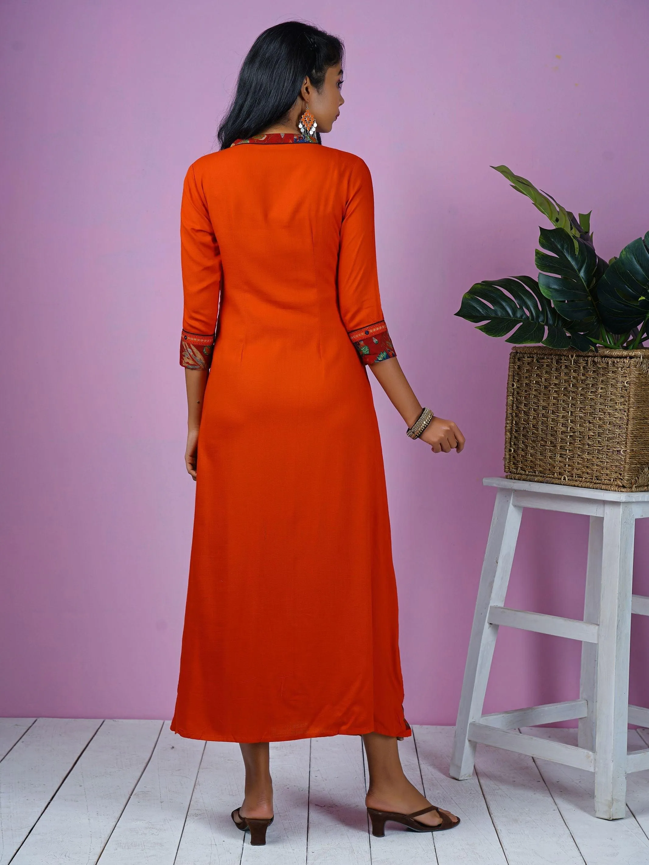 Embroidered & Printed Flared Slit Kurta - Rust