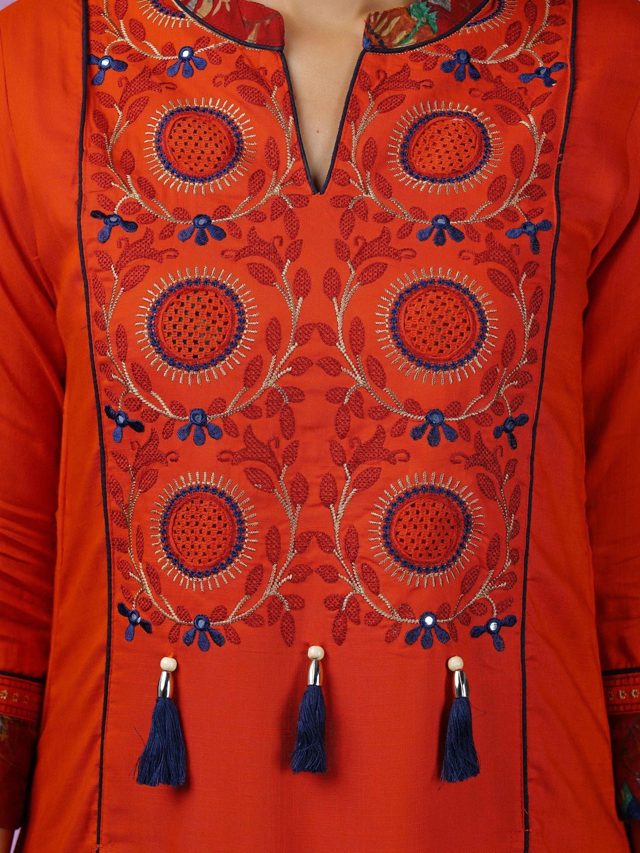 Embroidered & Printed Flared Slit Kurta - Rust