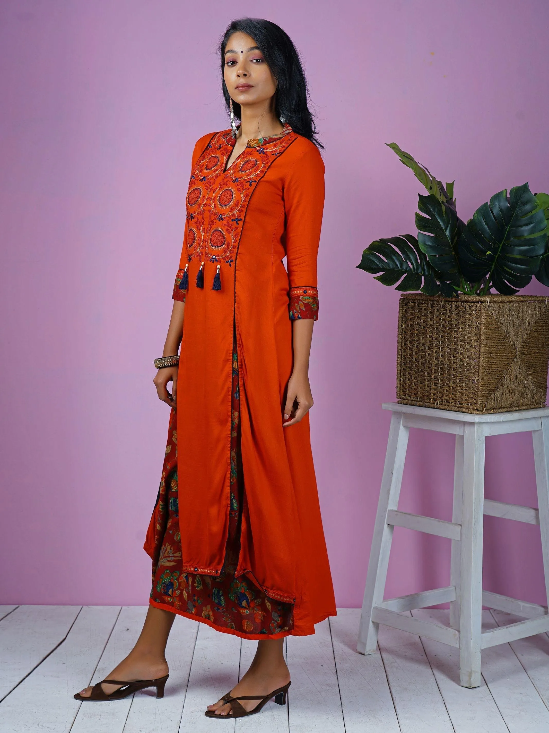 Embroidered & Printed Flared Slit Kurta - Rust