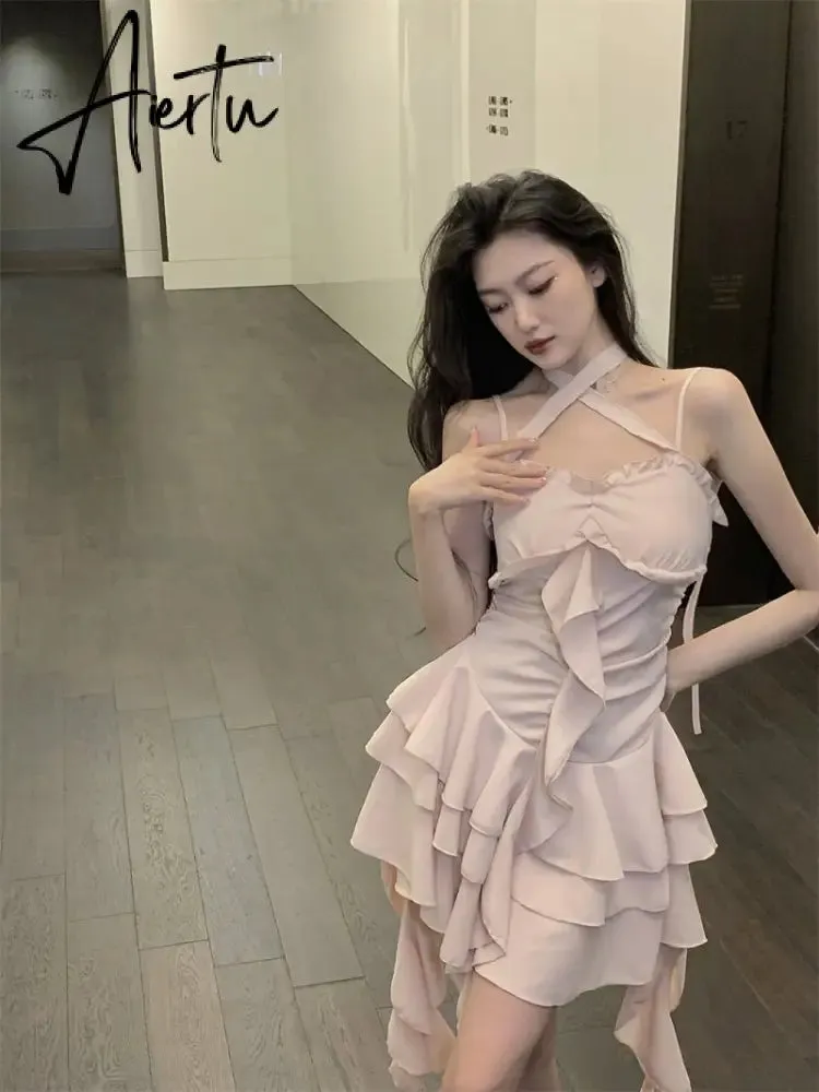 Fairy Dress Straps Dress Women Summer French Irregular Lace Ruffle Slim Halterneck Beach Dress Sexy Beachwear Ruched Slip Dress Femme Robe