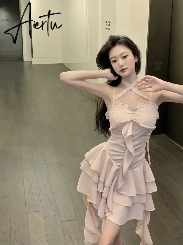 Fairy Dress Straps Dress Women Summer French Irregular Lace Ruffle Slim Halterneck Beach Dress Sexy Beachwear Ruched Slip Dress Femme Robe