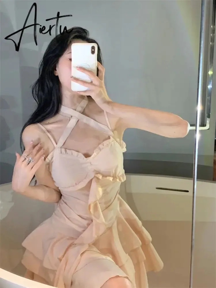 Fairy Dress Straps Dress Women Summer French Irregular Lace Ruffle Slim Halterneck Beach Dress Sexy Beachwear Ruched Slip Dress Femme Robe