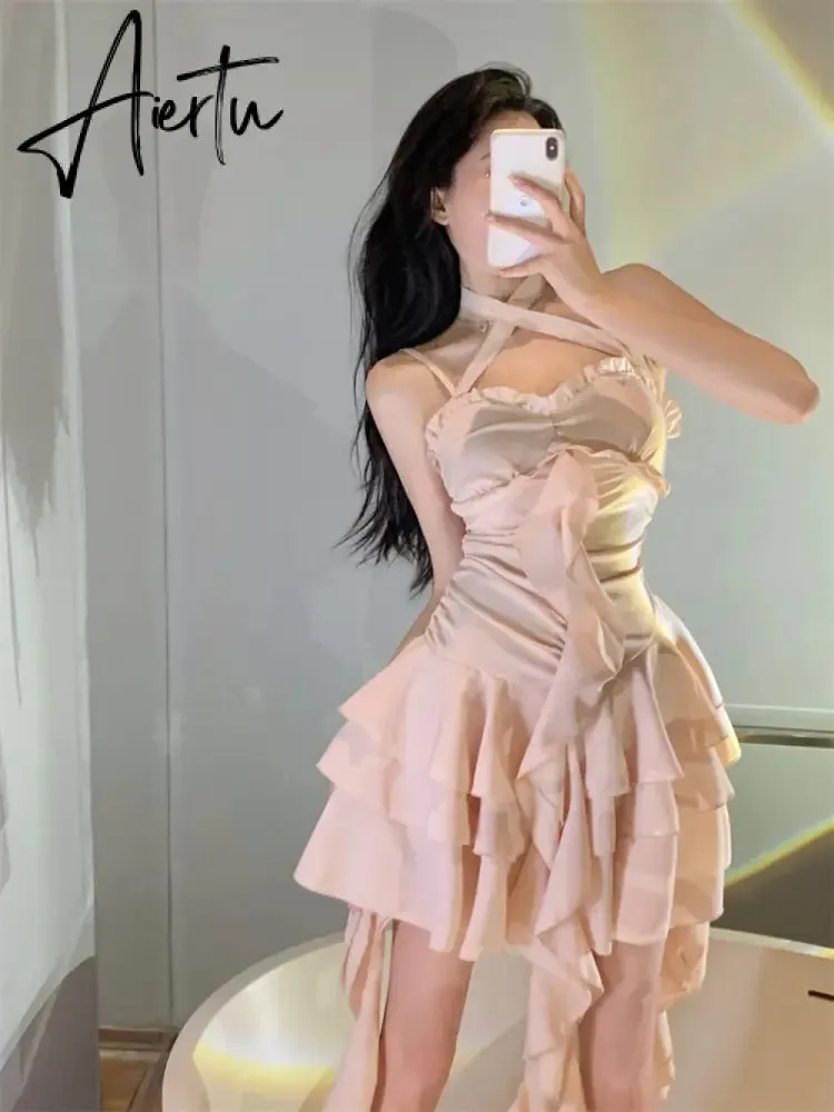 Fairy Dress Straps Dress Women Summer French Irregular Lace Ruffle Slim Halterneck Beach Dress Sexy Beachwear Ruched Slip Dress Femme Robe
