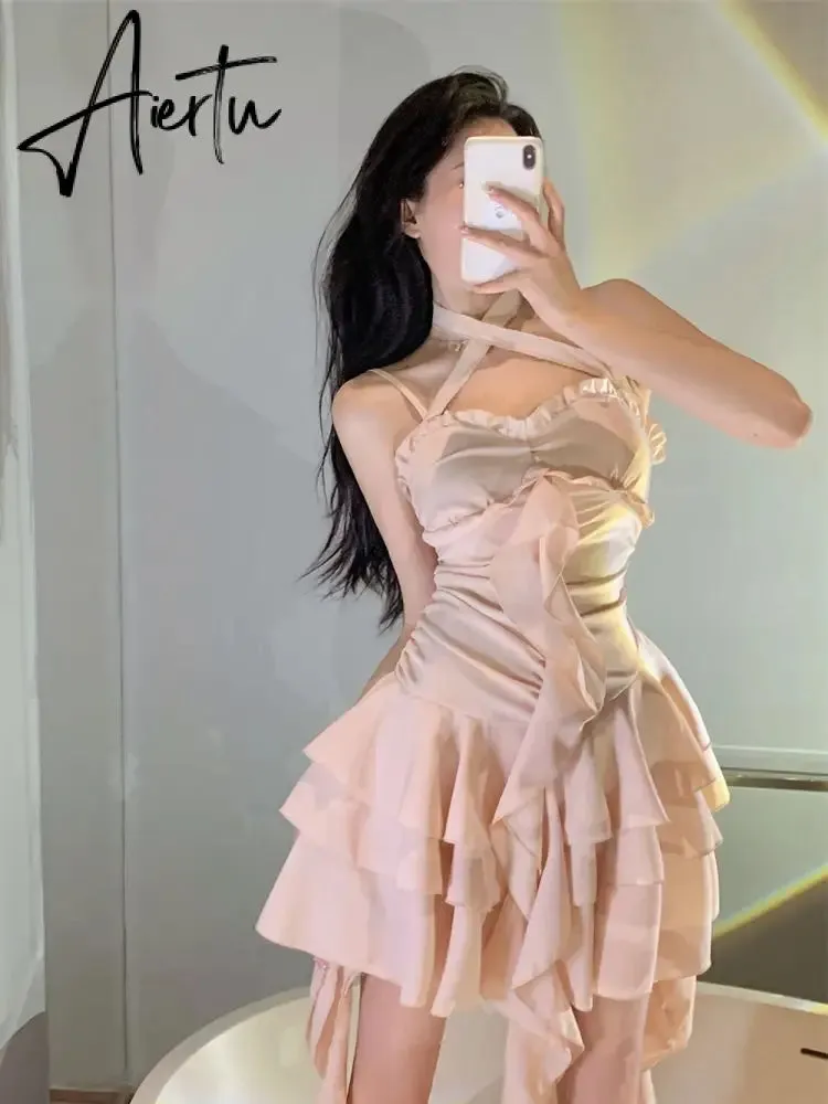 Fairy Dress Straps Dress Women Summer French Irregular Lace Ruffle Slim Halterneck Beach Dress Sexy Beachwear Ruched Slip Dress Femme Robe