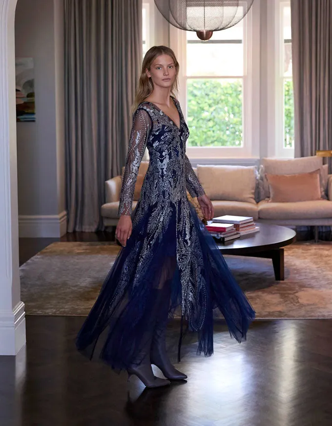 Francesca Gown Midnight-Silver - Australian Made