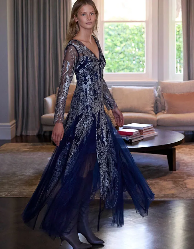 Francesca Gown Midnight-Silver - Australian Made