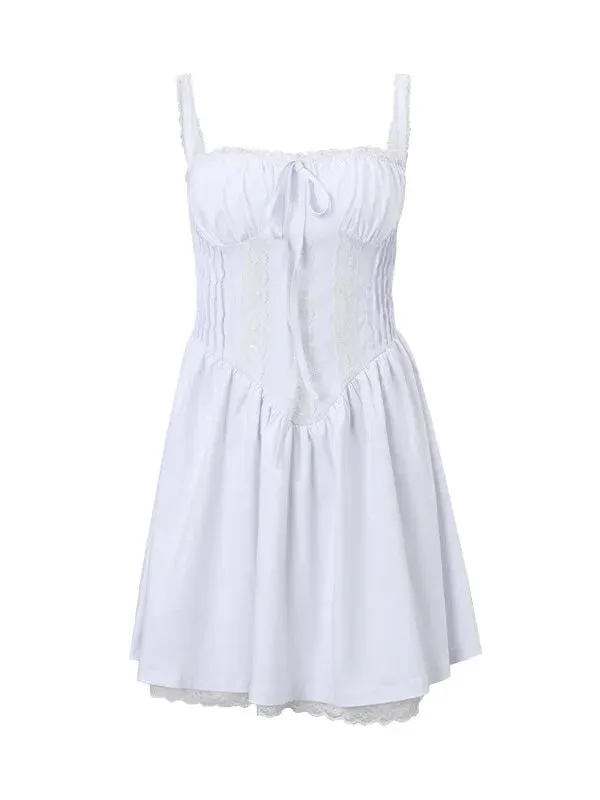 Girlary Elegant Lace Bandage Slip A-Line White Mini Dress For Women Chic Strapless Backless Summer Slim Dresses