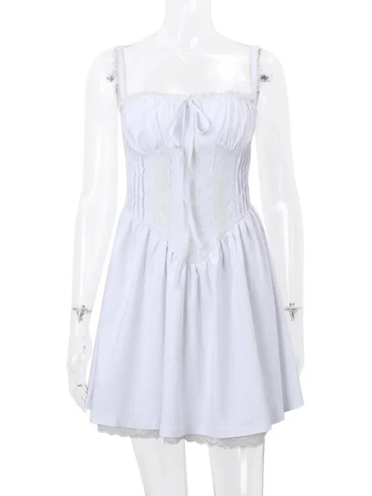 Girlary Elegant Lace Bandage Slip A-Line White Mini Dress For Women Chic Strapless Backless Summer Slim Dresses