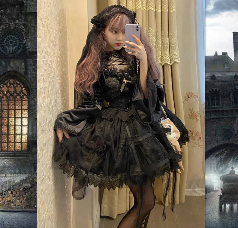 Japanese Gothic Lolita Dress Women Bandage Vintage Girl Sweet Lace Dark Slip Elegant Princess Victorian Dress Prom Party Dress