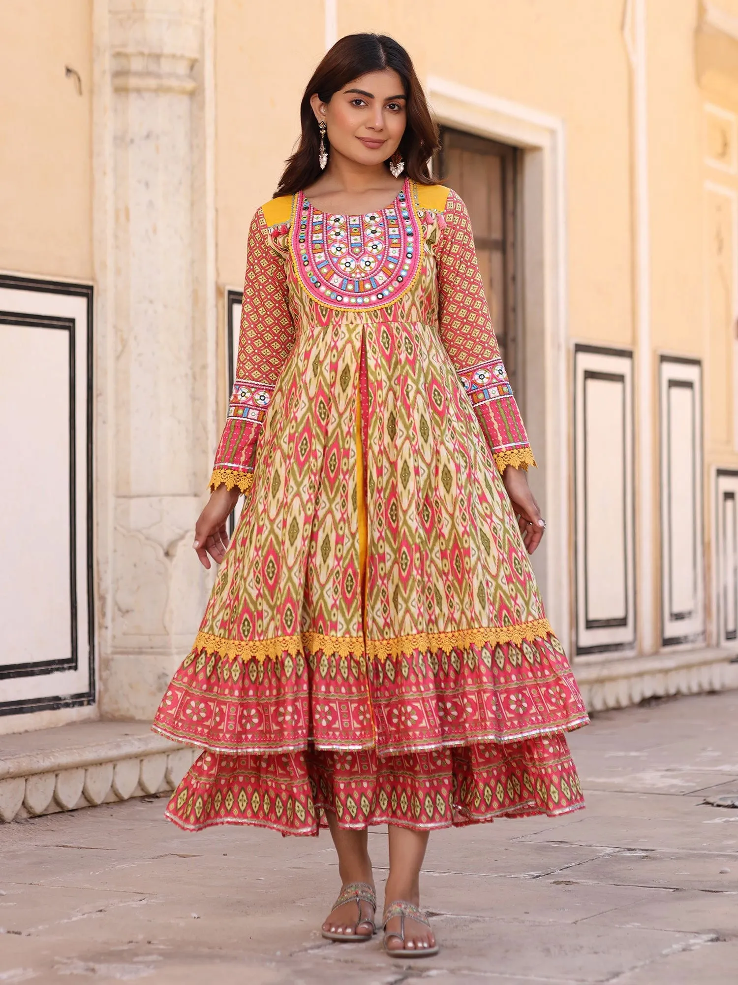 Jashvi Green Cotton Ikat Printed Layered Maxi Dress With Thread Embroidery & Dori Tassel Tie-Up At Waist