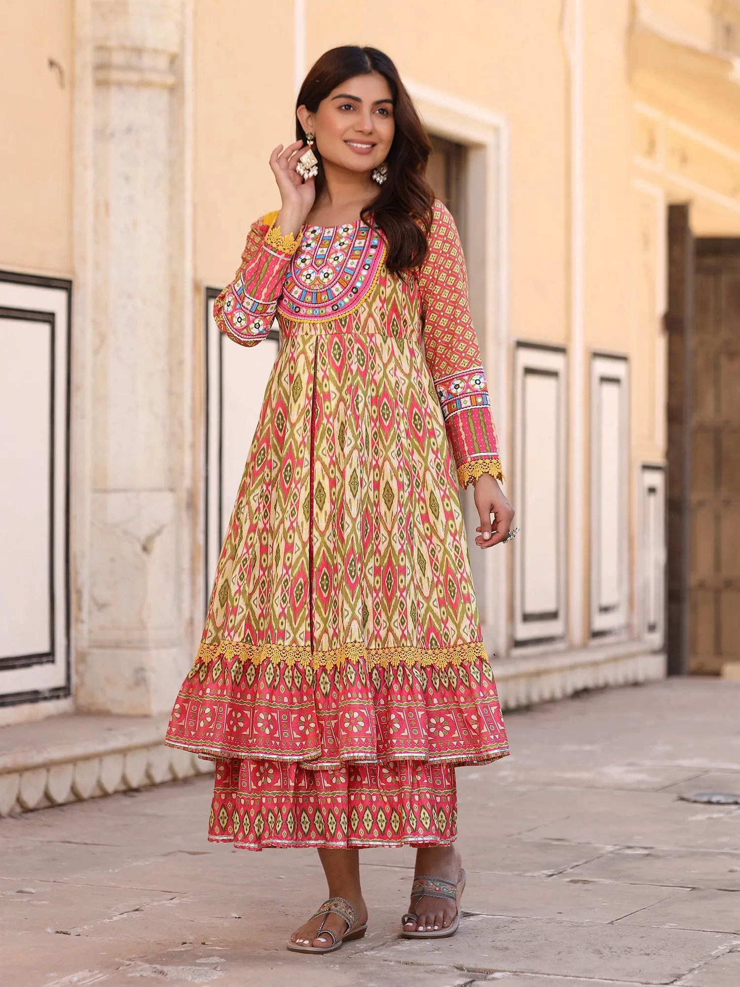 Jashvi Green Cotton Ikat Printed Layered Maxi Dress With Thread Embroidery & Dori Tassel Tie-Up At Waist