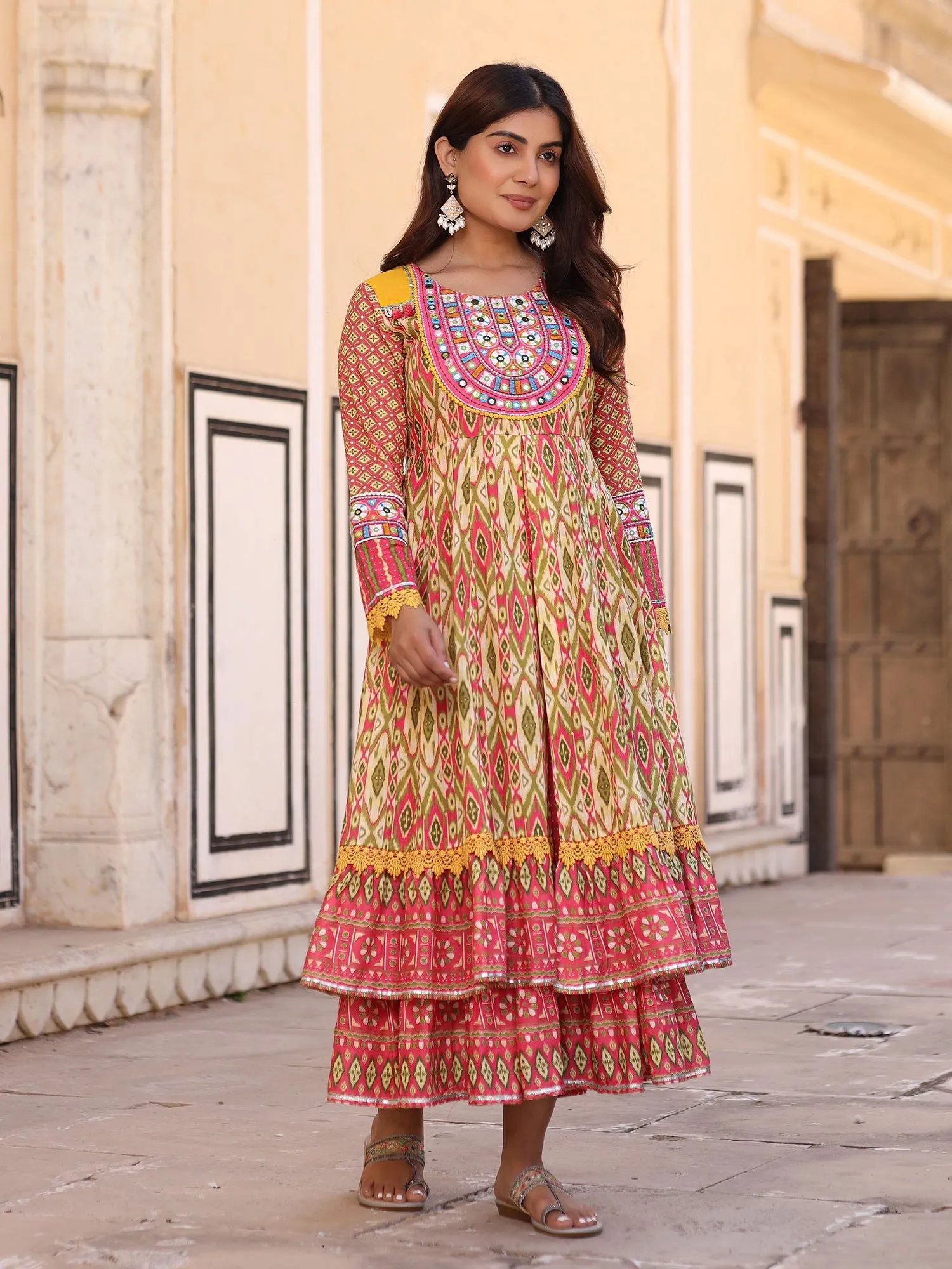Jashvi Green Cotton Ikat Printed Layered Maxi Dress With Thread Embroidery & Dori Tassel Tie-Up At Waist