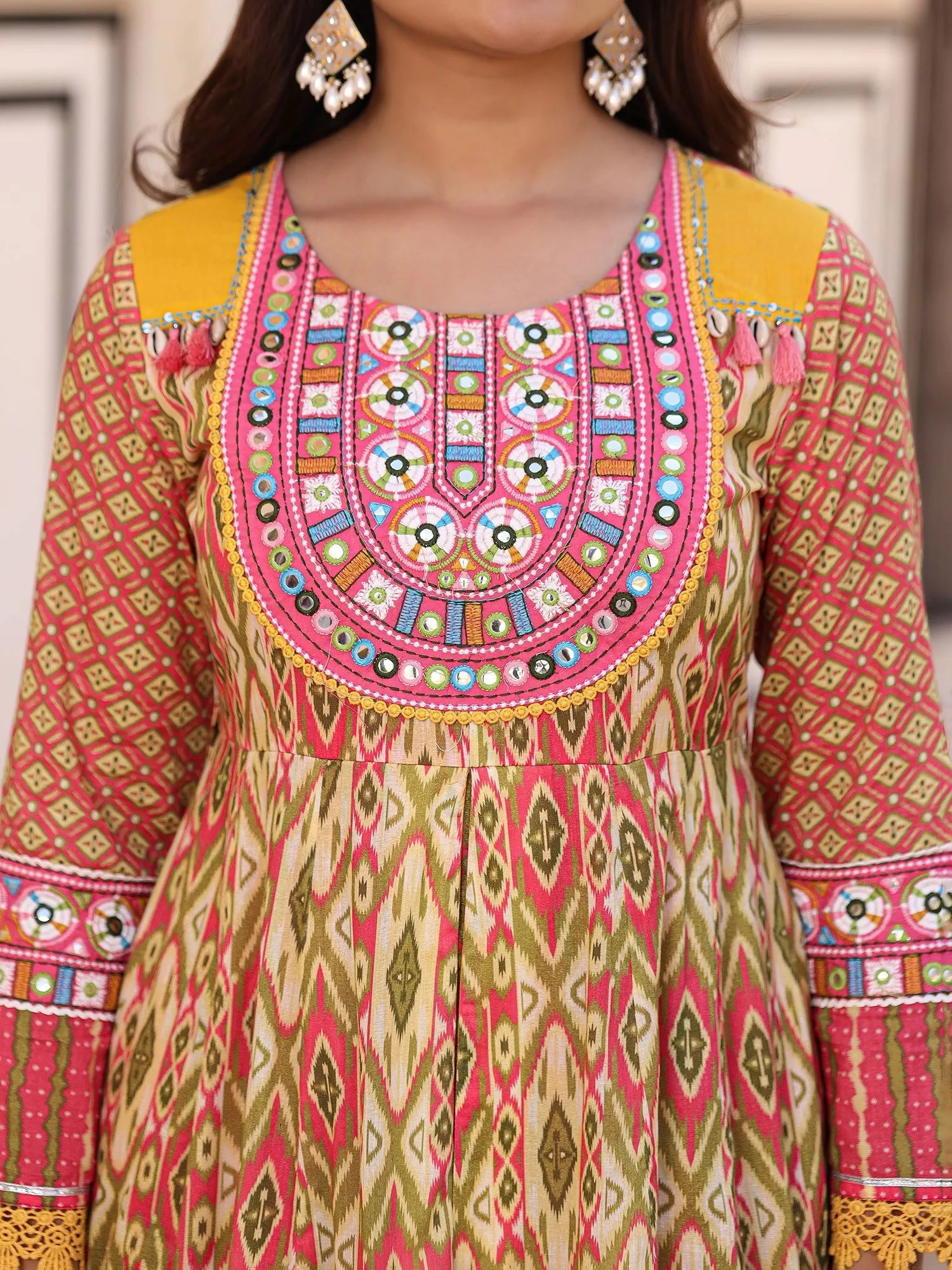 Jashvi Green Cotton Ikat Printed Layered Maxi Dress With Thread Embroidery & Dori Tassel Tie-Up At Waist