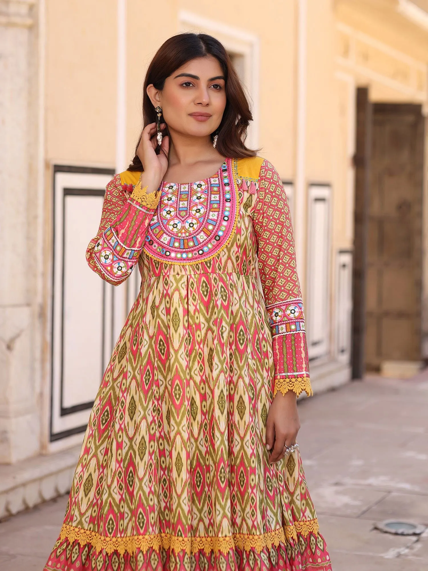Jashvi Green Cotton Ikat Printed Layered Maxi Dress With Thread Embroidery & Dori Tassel Tie-Up At Waist