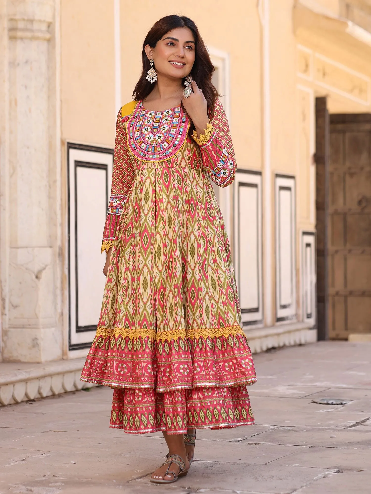 Jashvi Green Cotton Ikat Printed Layered Maxi Dress With Thread Embroidery & Dori Tassel Tie-Up At Waist
