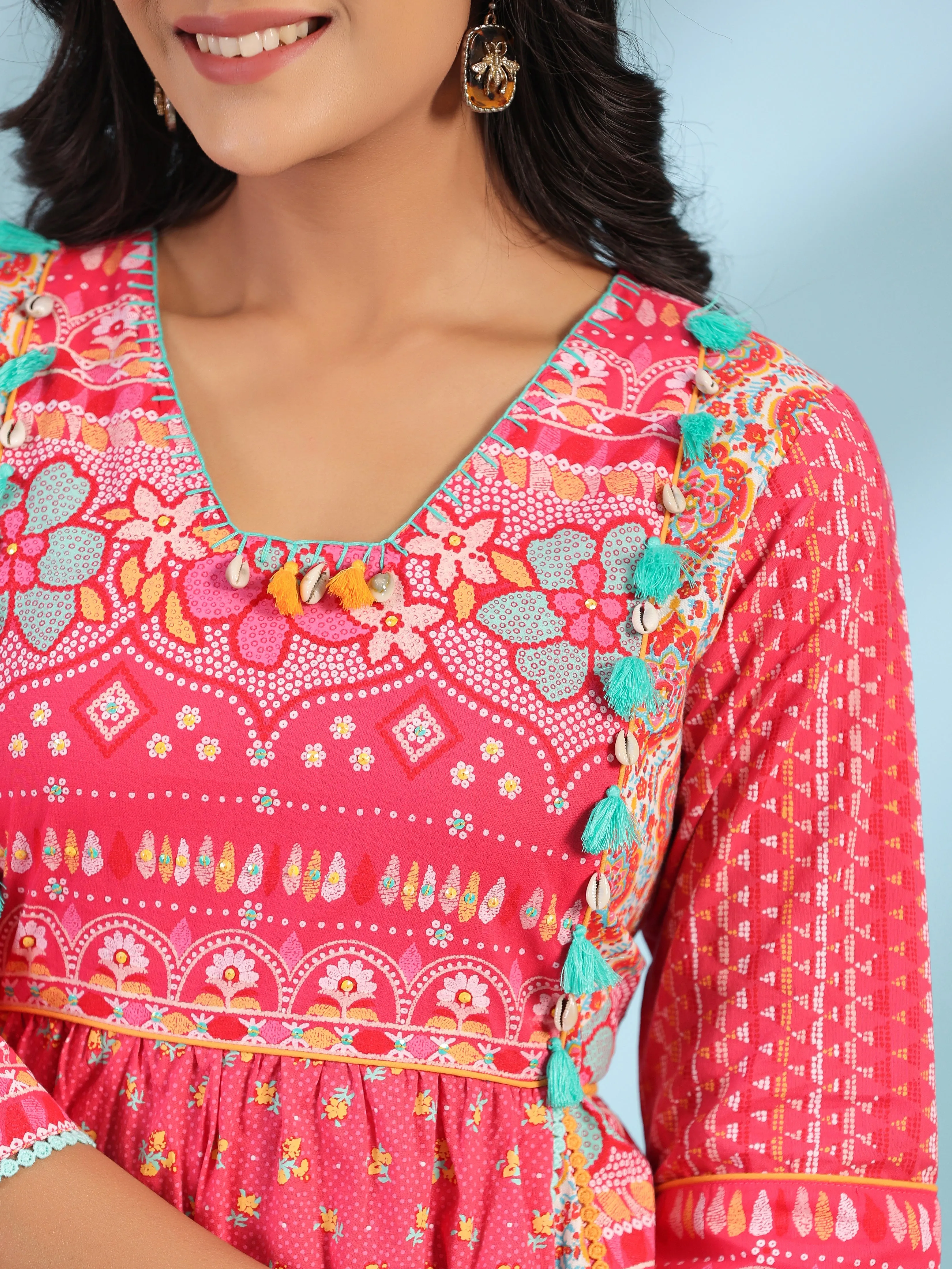 Jashvi Pink Pure Cotton Floral Printed Panelled Short Dress With Contrasting Tassels & Beadwork