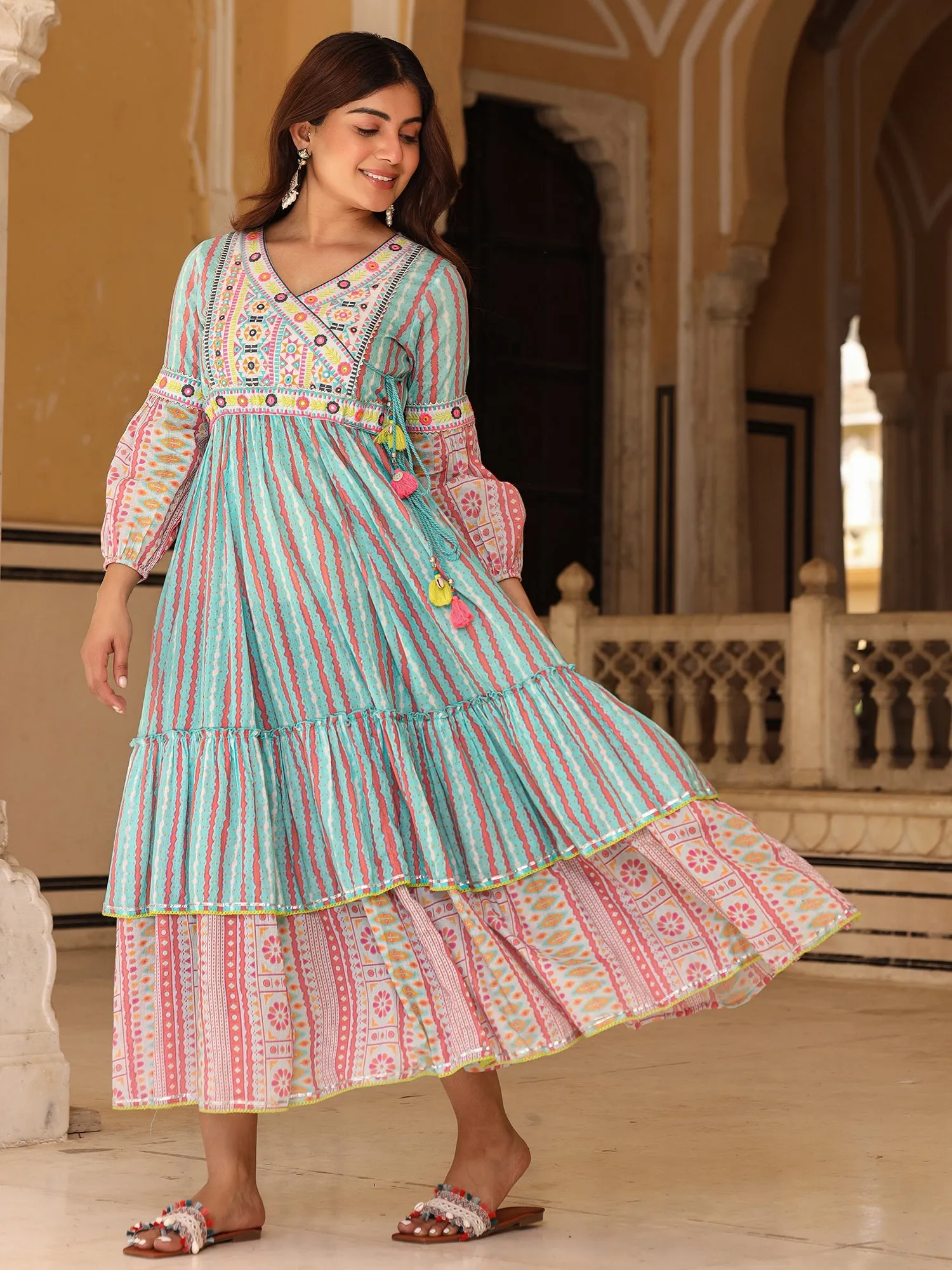 Jashvi Sky Blue Ikat Cotton Printed Tiered Maxi Dress With Thread Embroidery & Dori Tassel Tie-Up At Waist