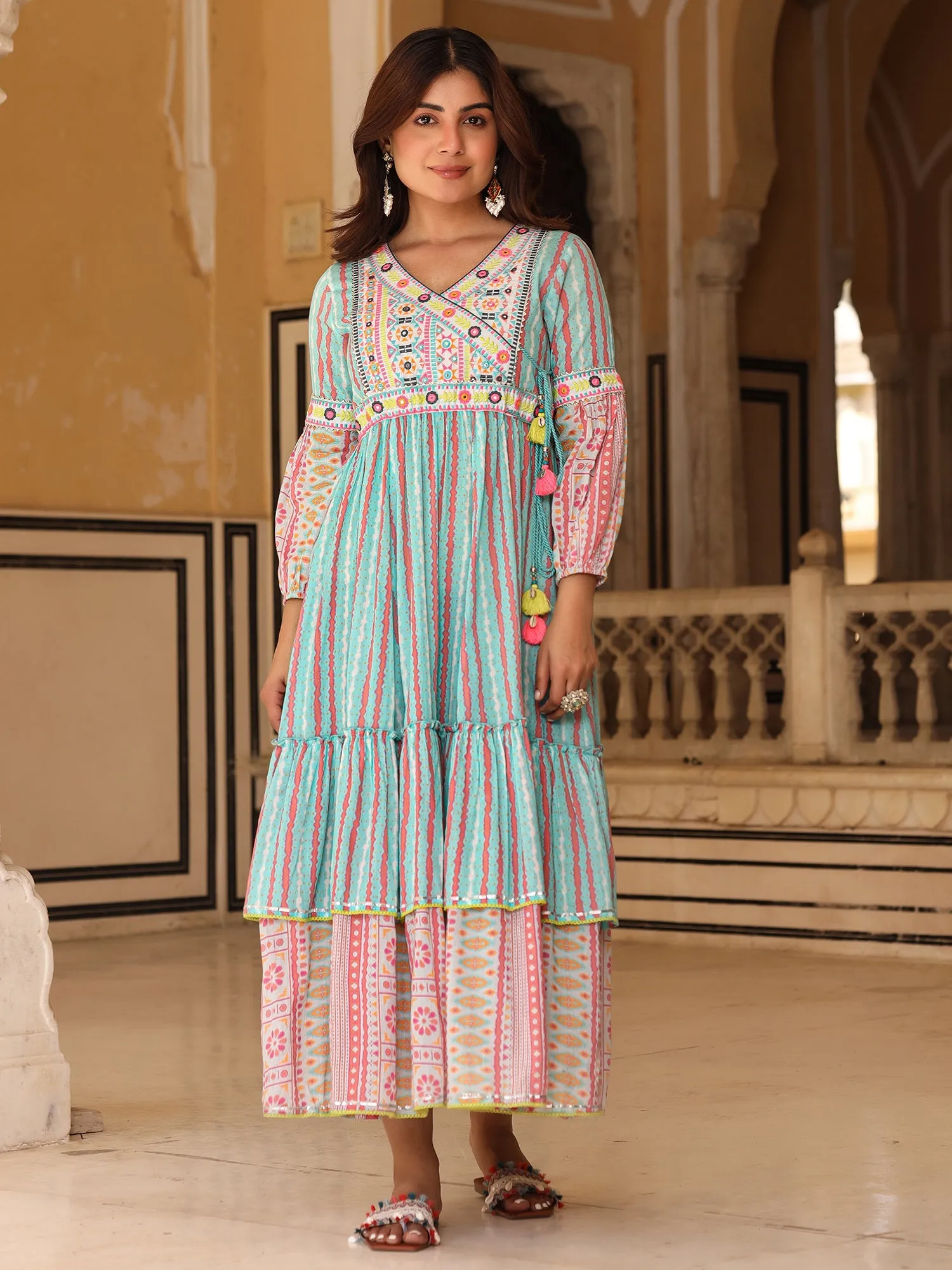 Jashvi Sky Blue Ikat Cotton Printed Tiered Maxi Dress With Thread Embroidery & Dori Tassel Tie-Up At Waist