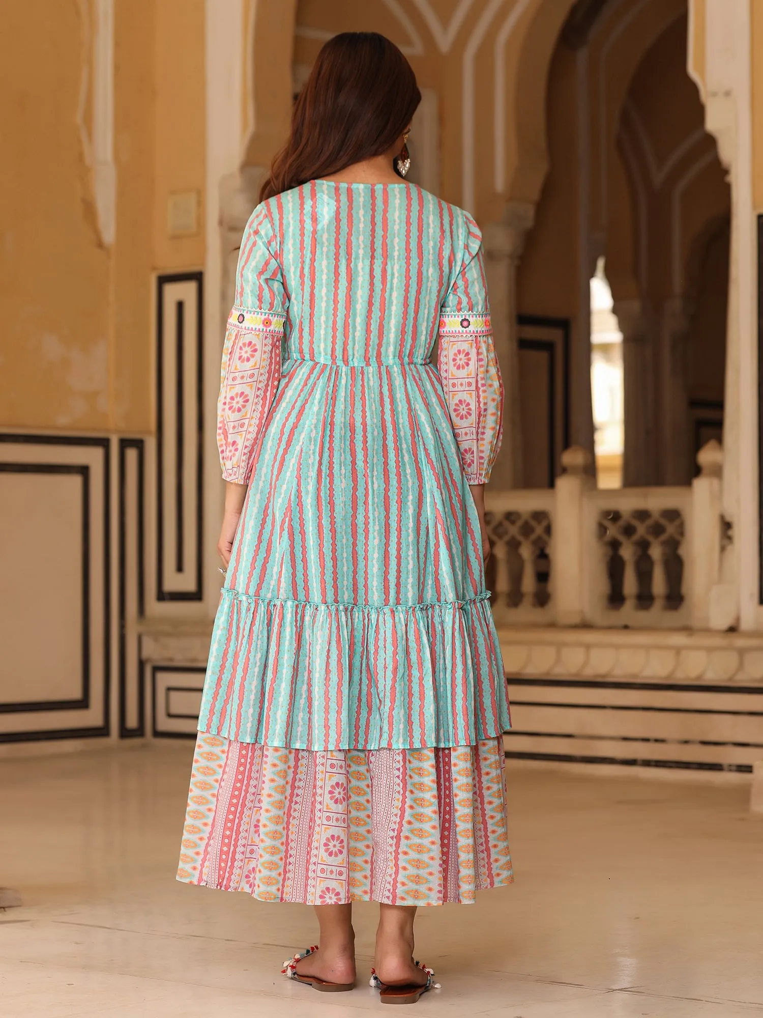 Jashvi Sky Blue Ikat Cotton Printed Tiered Maxi Dress With Thread Embroidery & Dori Tassel Tie-Up At Waist