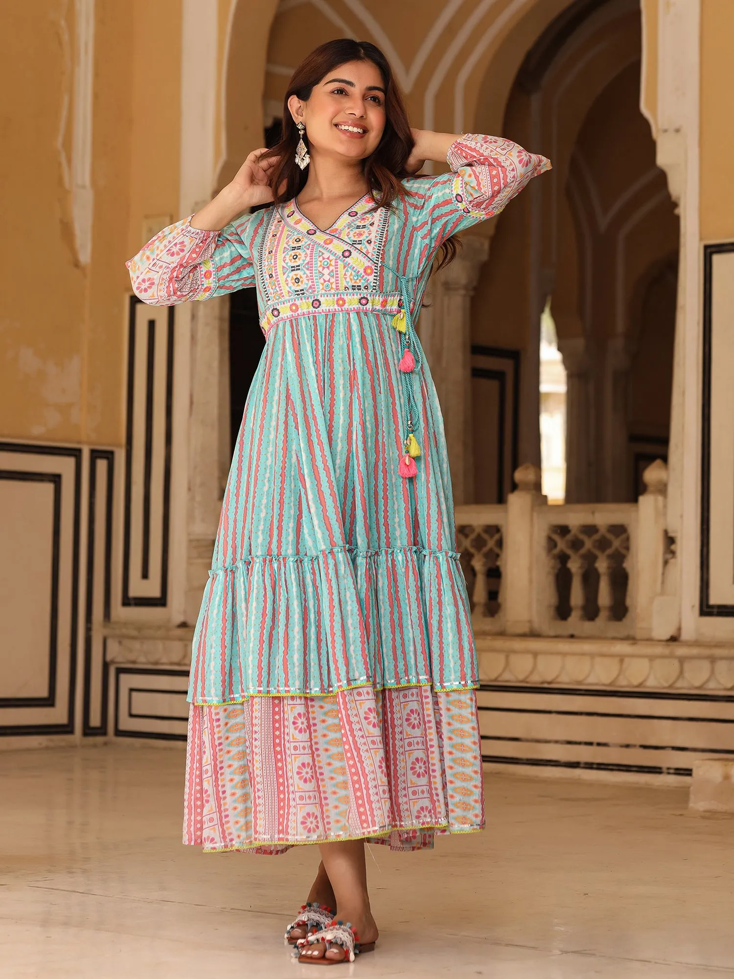 Jashvi Sky Blue Ikat Cotton Printed Tiered Maxi Dress With Thread Embroidery & Dori Tassel Tie-Up At Waist