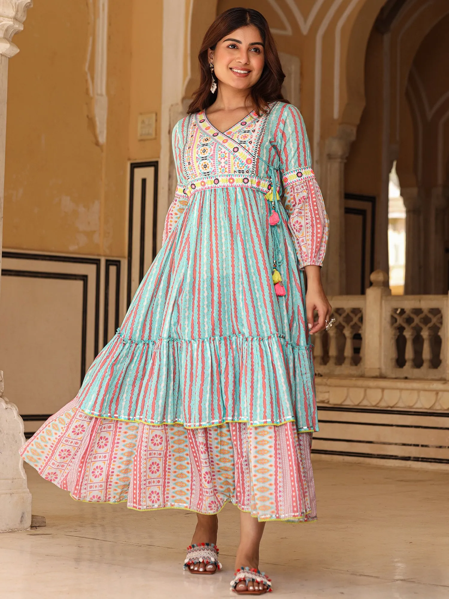 Jashvi Sky Blue Ikat Cotton Printed Tiered Maxi Dress With Thread Embroidery & Dori Tassel Tie-Up At Waist