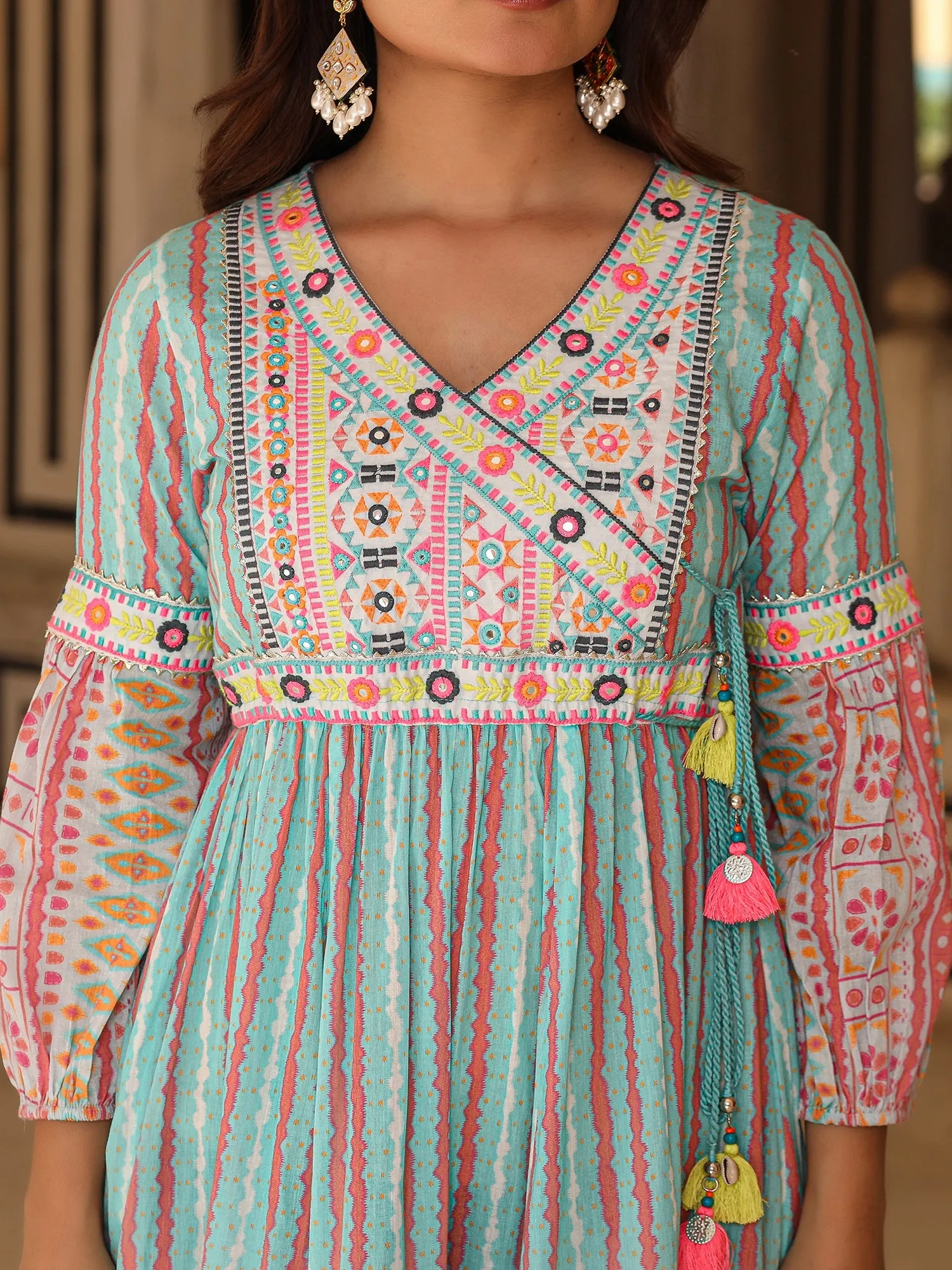 Jashvi Sky Blue Ikat Cotton Printed Tiered Maxi Dress With Thread Embroidery & Dori Tassel Tie-Up At Waist