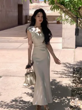 KIylethomasw Summer Fashion Elegant Backless Solid Color Slip Dress Female Long Sexy Evening Party Vacation Pleated Dresses Chic Boho Vintage