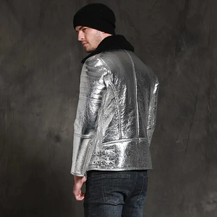Men's Aircraft Pilot Shiny Sheepskin Shearling Silver Leather Jacket